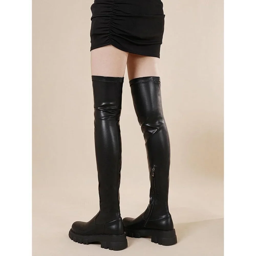 Women's Black Leather High Thigh Over-the-Knee Stretch lug Sole Heel Boot